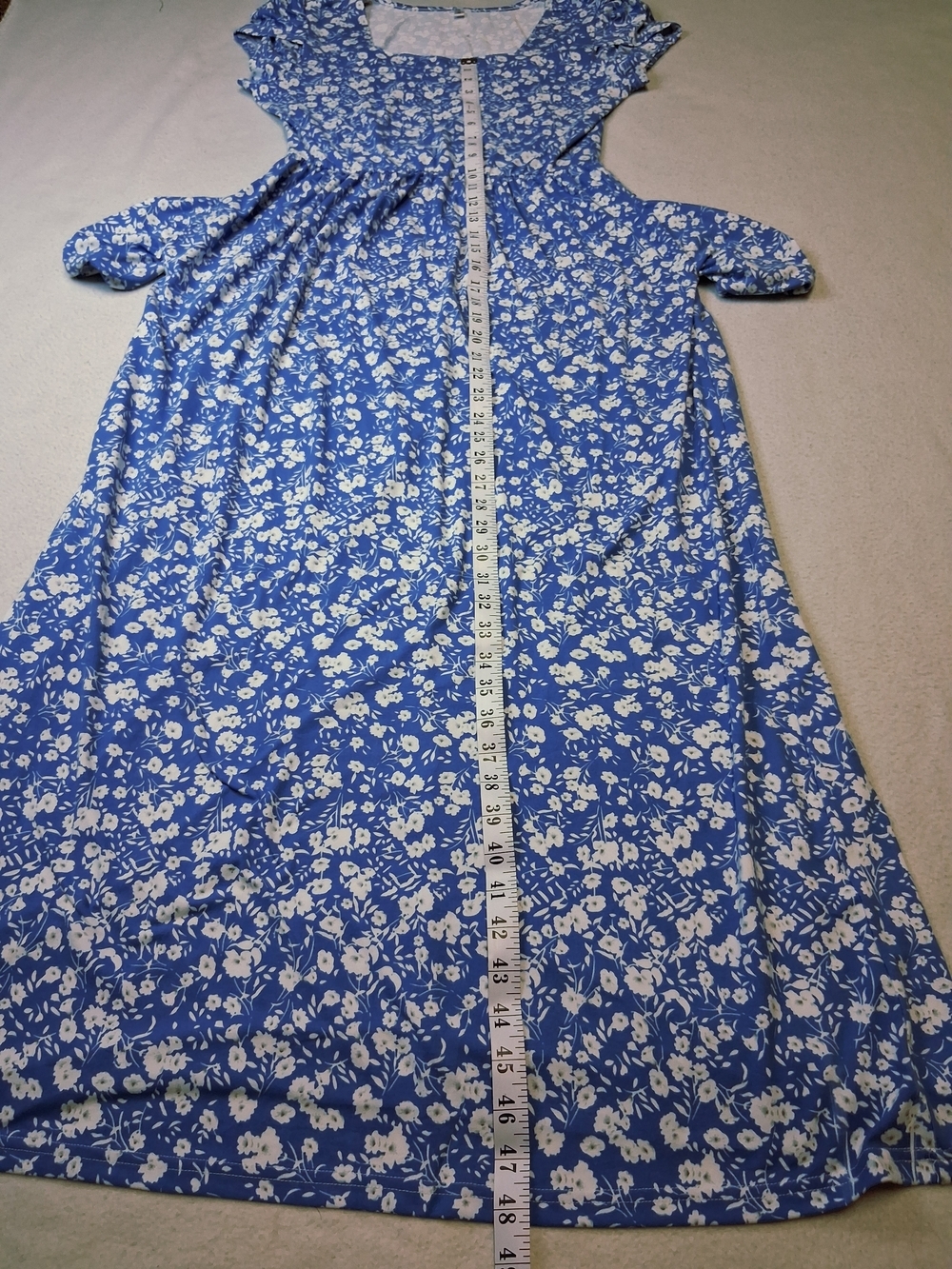 Blue Floral Maxi Dress with White Print And Pockets - Picture 6 of 8